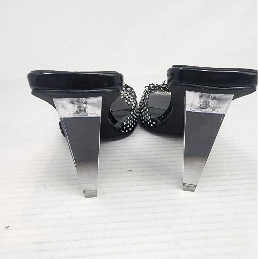Vivianly Black Rhinestone Fishnet Clear Wedge Heel Mules Sandals Womens 9 NEW - Picture 6 of 8